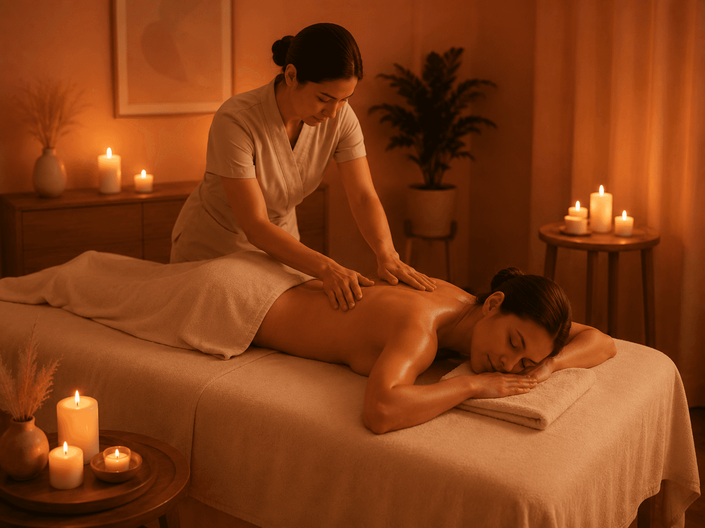 Therapist performing a full-body massage on a client in a candlelit room at Happy Feet & Spa in Chicago