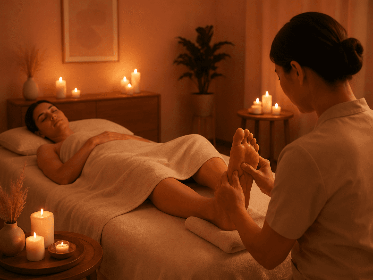 Therapist performing reflexology foot massage on a client at Happy Feet & Spa in Chicago
