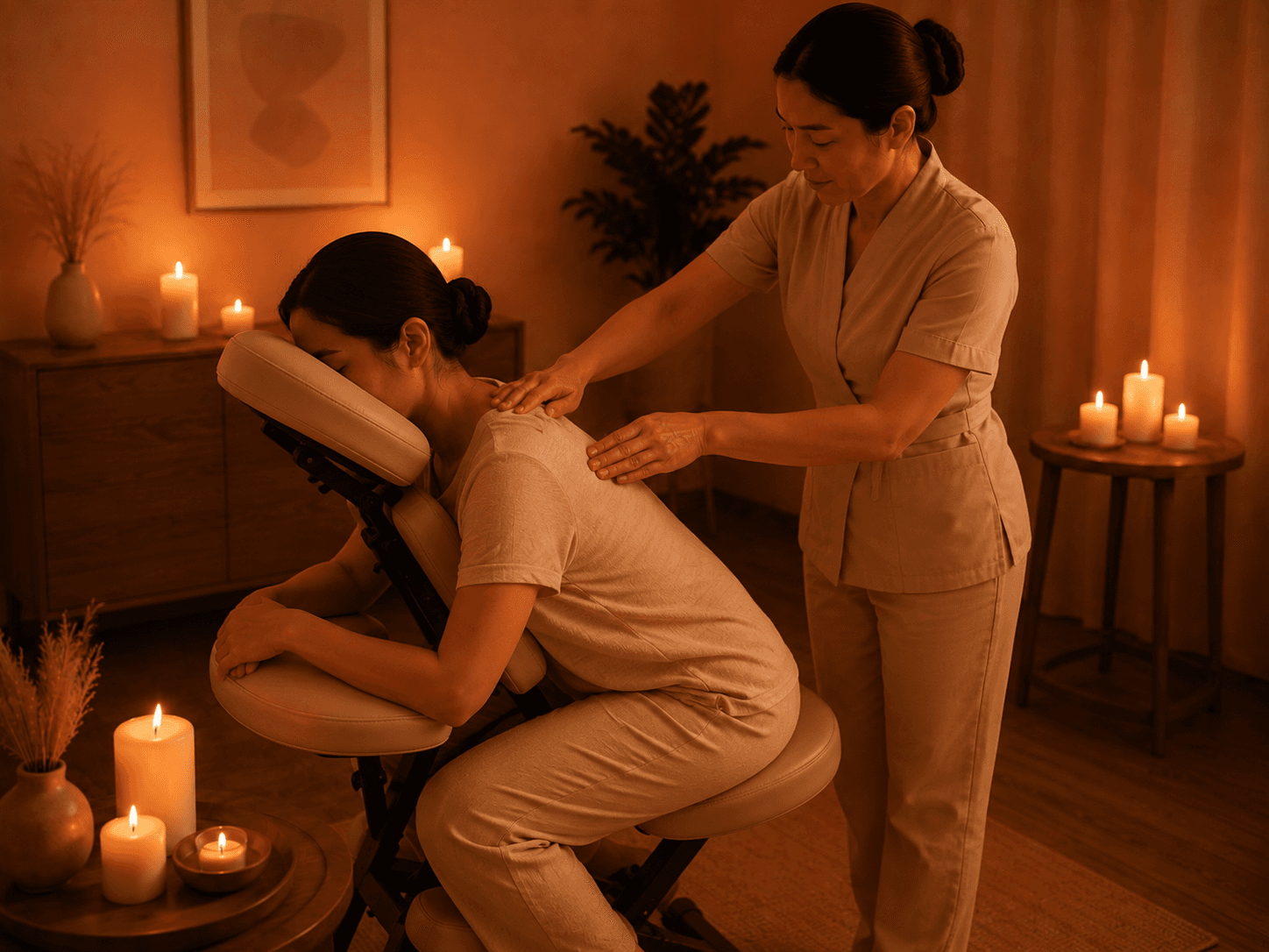 Therapist performing back and shoulder massage on a seated client at Happy Feet & Spa in Chicago